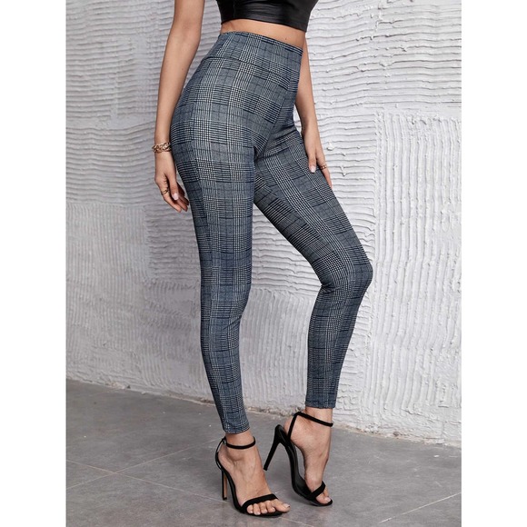 High Waist Houndstooth plaid print Skinny Pants gray black - Picture 8 of 9